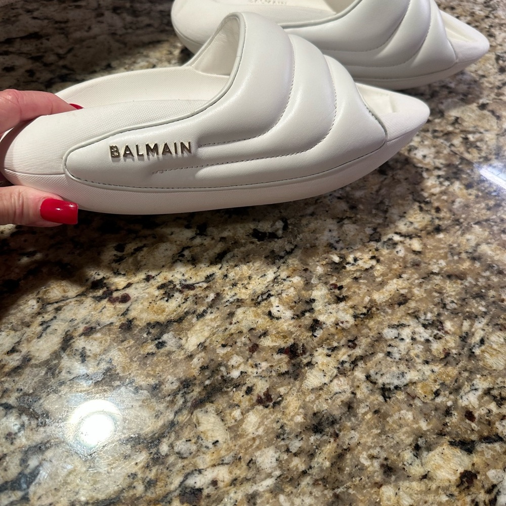 Balmain White Quilted Mules